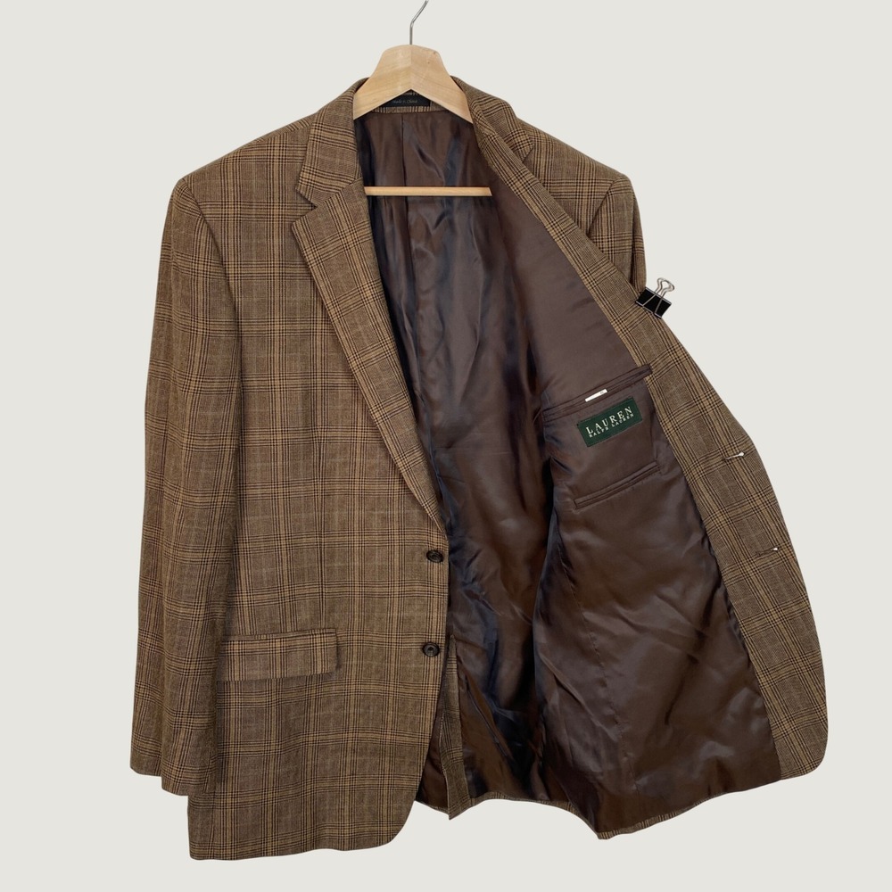 Lauren Ralph Lauren Brown Glen Plaid Silk Wool Cashmere Blazer Sport Coat 42L